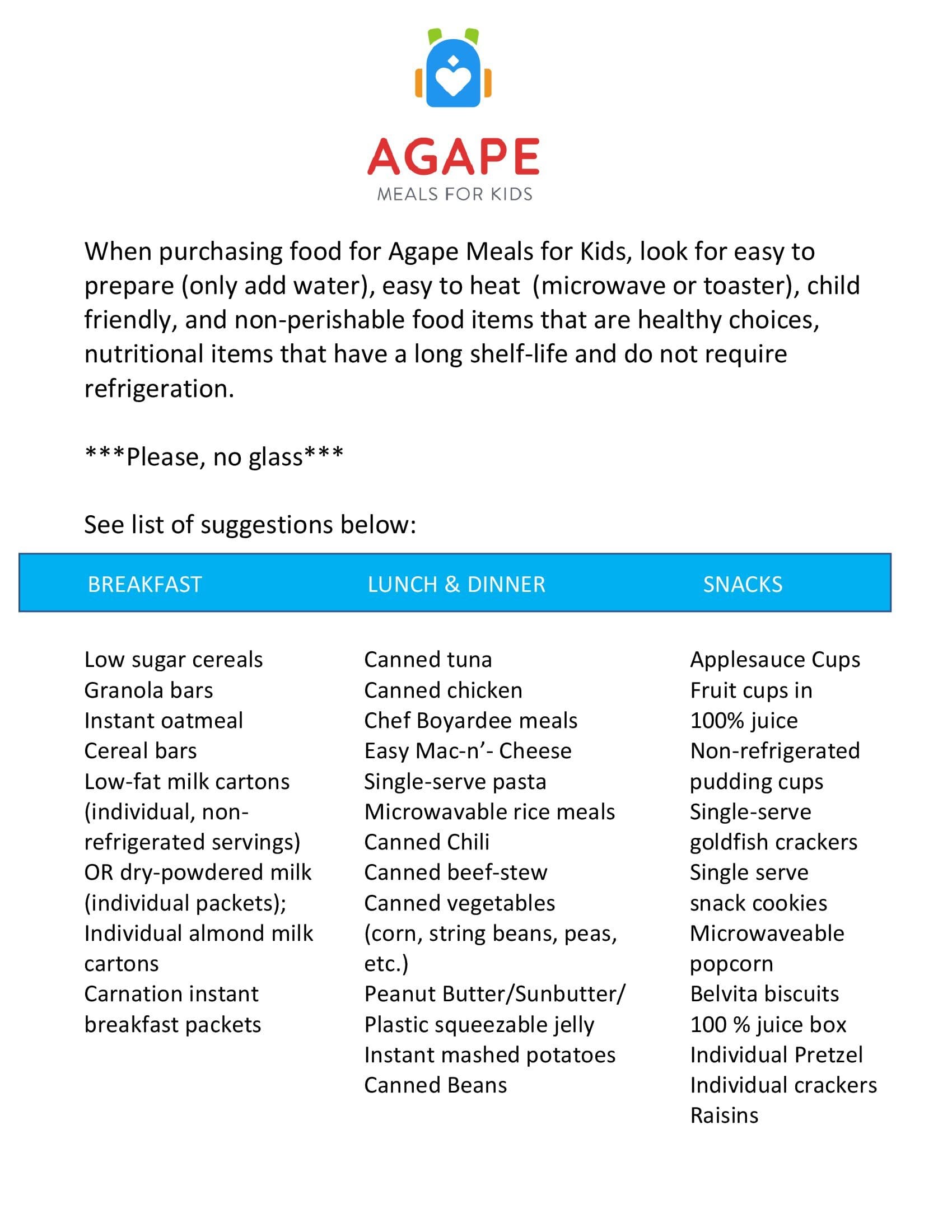 Agape Meals for Kids food items