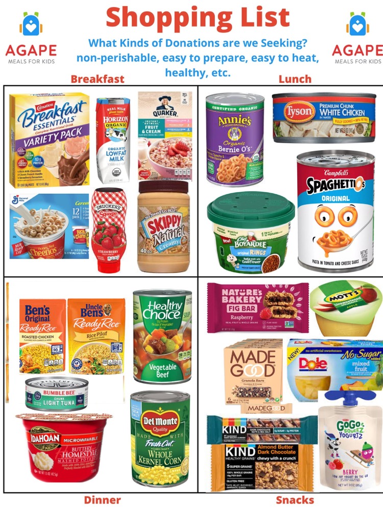 Agape Meals for Kids food-drive shopping list page 1